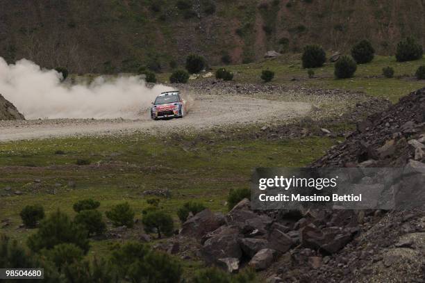 Sebastien Loeb of France and Daniel Elena of Monaco compete in their Citroen C4 Total during Leg 1 of the WRC Rally of Turkey on April 16, 2010 in...