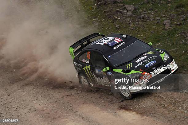 Ken Block of USA and Alex Gelsomino of USA compete in their Monster World Rally Team Ford Focus during Leg1 of th WRC Rally of Turkey on April 16,...