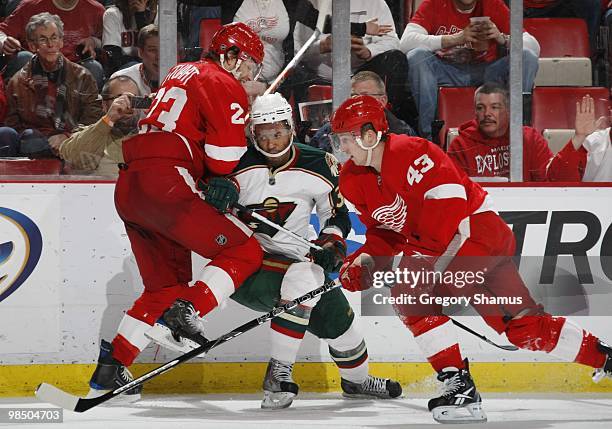 Robbie Earl of the Minnesota Wild battles against Darren Helm and Brad Stuart of the Detroit Red Wings during their NHL game on March 11, 2010 at Joe...