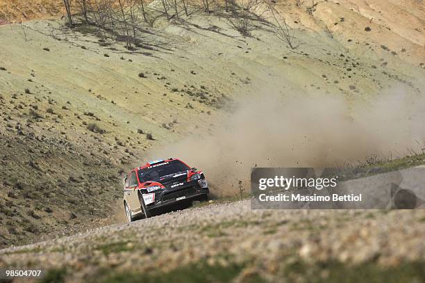 Federico Villagra of Argentina and Jose Diaz of Argentina compete in their Munchis Ford Focus during Leg 1 of the WRC Rally of Turkey on April 16,...