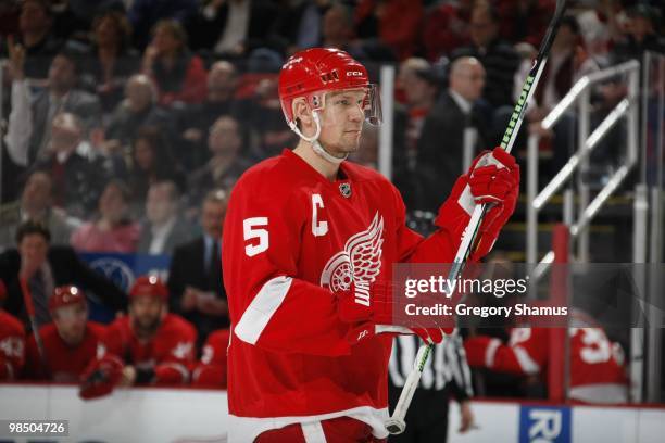 Nicklas Lidstrom of the Detroit Red Wings looks on against the Minnesota Wild during their NHL game on March 11, 2010 at Joe Louis Arena in Detroit,...