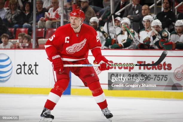 Nicklas Lidstrom of the Detroit Red Wings skates against the Minnesota Wild during their NHL game on March 11, 2010 at Joe Louis Arena in Detroit,...