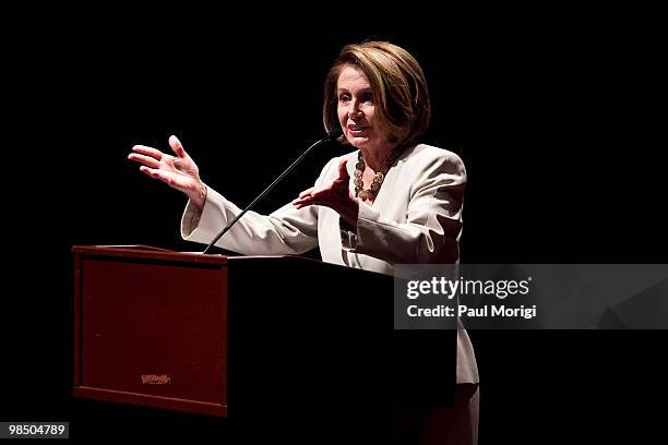 House Speaker Nancy Pelosi makes opening remarks at the GRAMMYs on the Hill Advocacy Day at Capitol Visitors Center Auditorium on April 15, 2010 in...