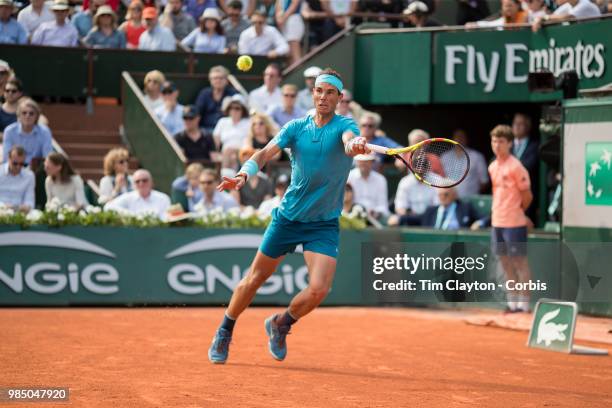June 10. French Open Tennis Tournament - Day Fifteen. Rafael Nadal of Spain in action against Dominic Thiem of Austria on Court Philippe-Chatrier...