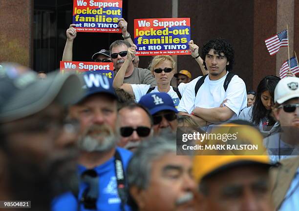 Union members protest outside the British Consulate to support the 560 workers from the Rio Tinto Borax mine in Boron, California who have been...