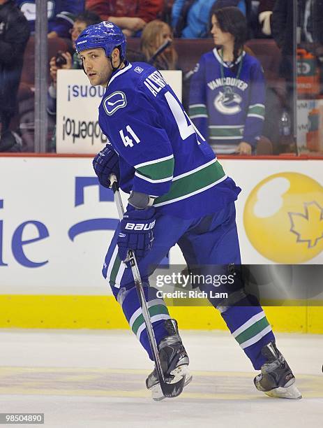 Andrew Alberts of the Vancouver Canucks skates in the team warmup prior to the start of the NHL game against the Minnesota Wild on April 04, 2010 at...