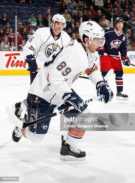 Sam Gagner of the Edmonton Oilers skates during their NHL game against the Columbus Blue Jackets on March 15, 2010 at Nationwide Arena in Columbus,...