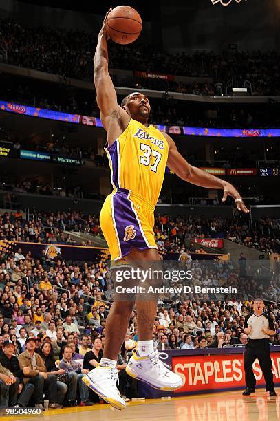 Ron Artest of the Los Angeles Lakers goes to the basket during the game against the Philadelphia 76ers on February 26, 2010 at Staples Center in Los...