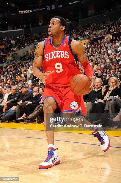 Andre Iguodala of the Philadelphia 76ers dribbles against the Los Angeles Lakers during the game on February 26, 2010 at Staples Center in Los...