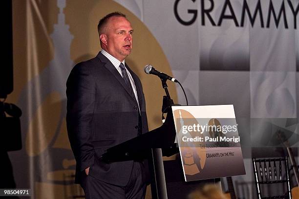 Musician and honoree Garth Brooks speaks at the GRAMMYs on the Hill awards at The Liaison Capitol Hill Hotel on April 14, 2010 in Washington, DC.