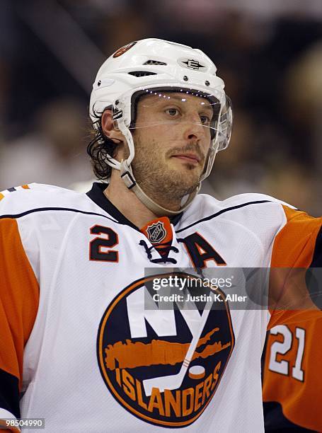 Mark Streit of the New York Islanders prepares for a face-off against the Pittsburgh Penguins at Mellon Arena on April 8, 2010 in Pittsburgh,...