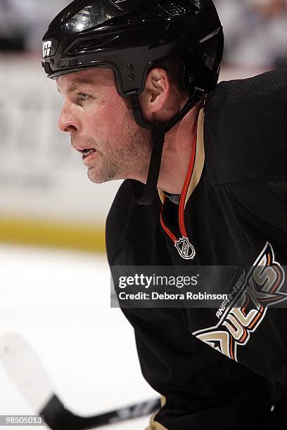 Aaron Ward of the Anaheim Ducks defends on the ice against the Los Angeles Kings during the game on April 6, 2010 at Honda Center in Los Angeles,...