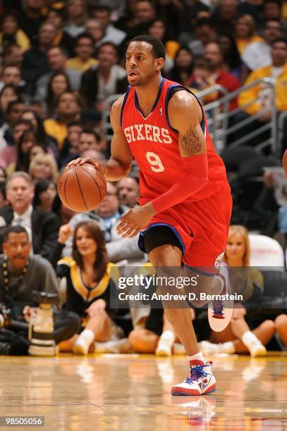 Andre Iguodala of the Philadelphia 76ers dribbles against the Los Angeles Lakers during the game on February 26, 2010 at Staples Center in Los...