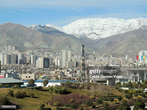 tehran clean city skyline and snowed alborz mountains, iran - snowed in 個照片及圖片檔