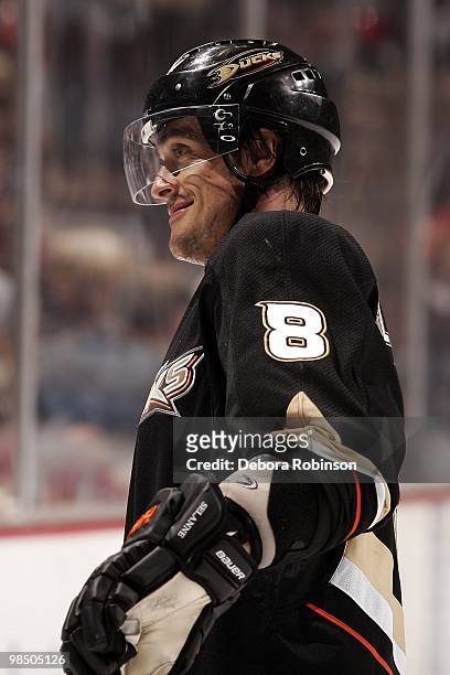 Teemu Selanne of the Anaheim Ducks skates on the ice during the game against the Vancouver Canucks on April 2, 2010 at Honda Center in Anaheim,...