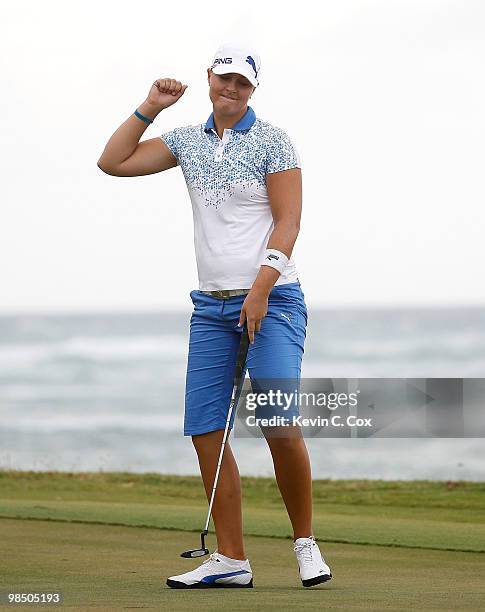 Anna Nordqvist of Sweden reacts after sinking her putt to win The Mojo 6 Jamaica LPGA Invitational at Cinnamon Hill Golf Course on April 16, 2010 in...
