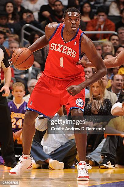 Samuel Dalembert of the Philadelphia 76ers dribbles against the Los Angeles Lakers during the game on February 26, 2010 at Staples Center in Los...