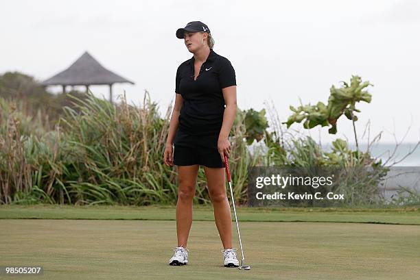 Amanda Blumenherst of the United States reacts after missing her putt on the sixth green during the final match of The Mojo 6 Jamaica LPGA...