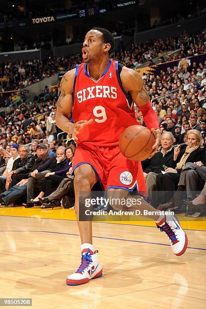 Andre Iguodala of the Philadelphia 76ers dribbles against the Los Angeles Lakers during the game on February 26, 2010 at Staples Center in Los...
