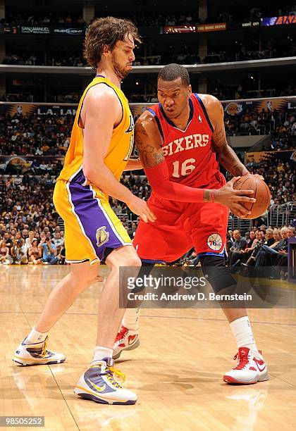 Marreese Speights of the Philadelphia 76ers posts up against Pau Gasol of the Los Angeles Lakers during the game on February 26, 2010 at Staples...