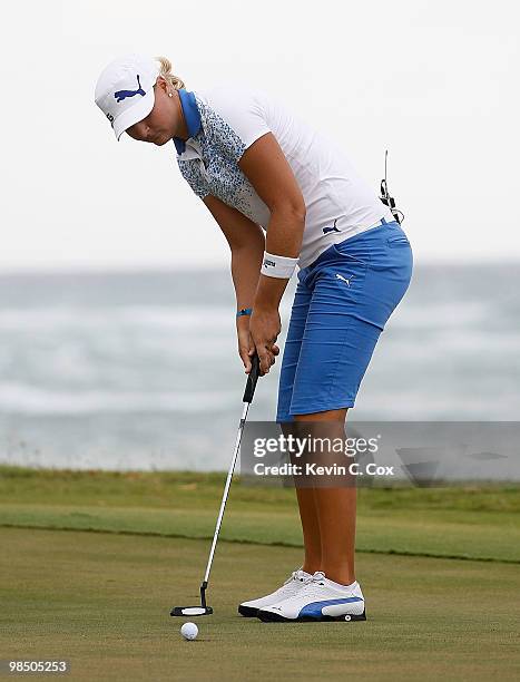 Anna Nordqvist of Sweden sinks her putt to win The Mojo 6 Jamaica LPGA Invitational at Cinnamon Hill Golf Course on April 16, 2010 in Montego Bay,...