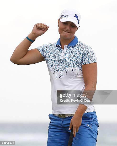 Anna Nordqvist of Sweden reacts after sinking her putt to win The Mojo 6 Jamaica LPGA Invitational at Cinnamon Hill Golf Course on April 16, 2010 in...