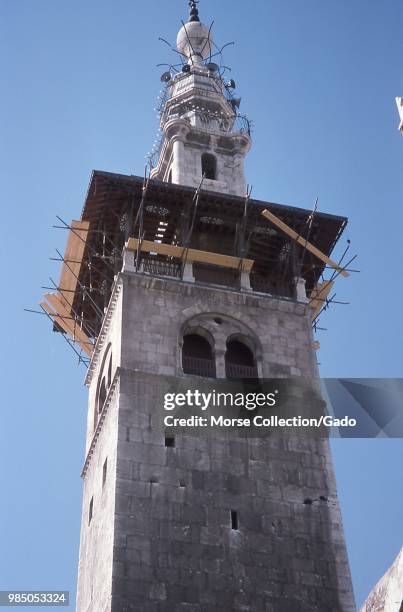 Detail view of the Minaret of The Bride, also known as Madhanat al-Arous, located along the northern wall of the Umayyad Great Mosque complex, in...