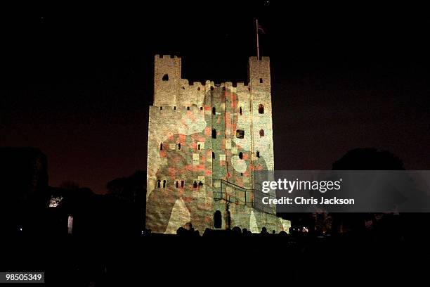 The Rochester Castle is illuminated by a 3D animation lightshow on April 16, 2010 in Rochester, England. Images of rock band AC/DC and Iron Man 2 are...