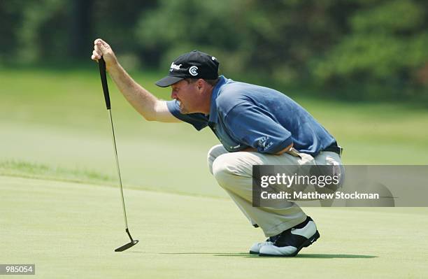 Jerry Kelly lines up a putt on the fifth green during the final round of the Advil Western Open July 7, 2002 at Cog Hill Golf and Country Club in...