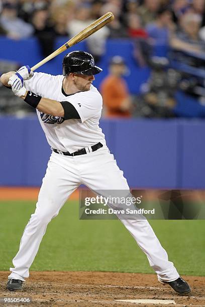 John Buck of the Toronto Blue Jays at bat during the game against the Chicago White Sox at the Rogers Centre on April 12, 2010 in Toronto, Ontario.