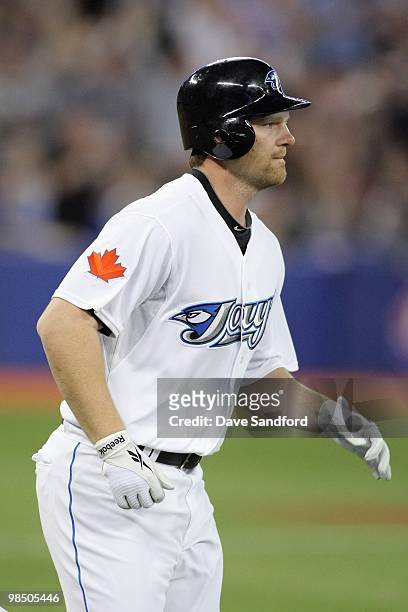 Adam Lind of the Toronto Blue Jays runs the bases during the game against the Chicago White Sox at the Rogers Centre on April 12, 2010 in Toronto,...