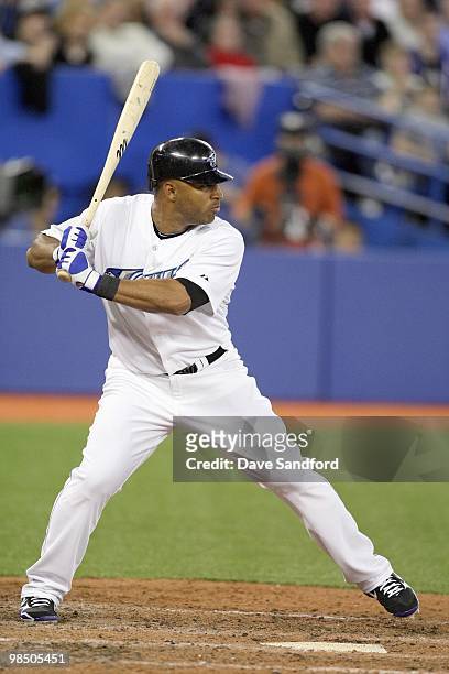 Vernon Wells of the Toronto Blue Jays stands at bat during the game against the Chicago White Sox at the Rogers Centre on April 12, 2010 in Toronto,...