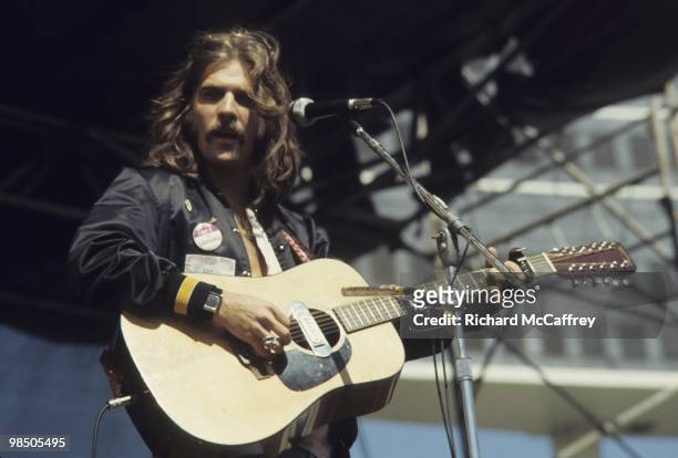 Glenn Frey of The Eagles performs live at The Oakland Coliseum in 1977 in Oakland, California.