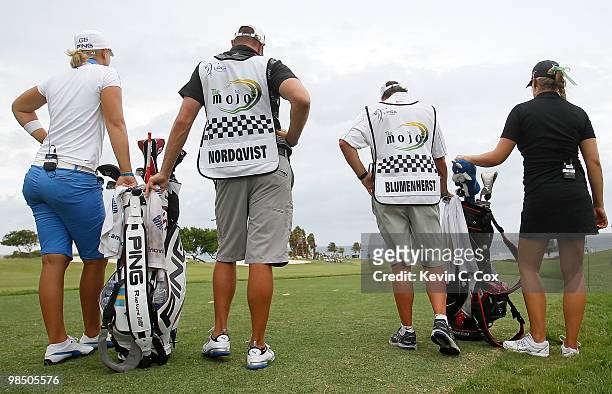 Anna Nordqvist of Sweden and Amanda Blumenherst of the United States wait to tee off the fifth hole during the final match of The Mojo 6 Jamaica LPGA...