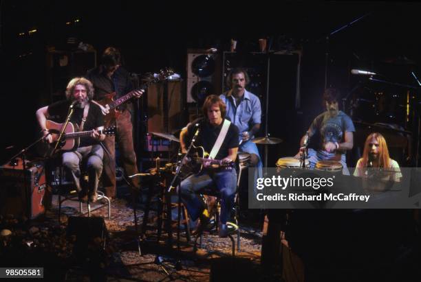 Jerry Garcia, Phil Lesh, Bob Weir, Bill Kreutzmann, MIckey Hart and Brent Mydland of the Grateful Dead perform live at The Warfield Theatre in 1980...