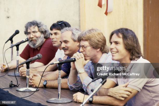 Jerry Garcia, Mickey Hart, Bill Kreutzmann, Phil Lesh and Bob Weir of the Grateful Dead speak live with the press at The Greek Theatre in 1985 in...