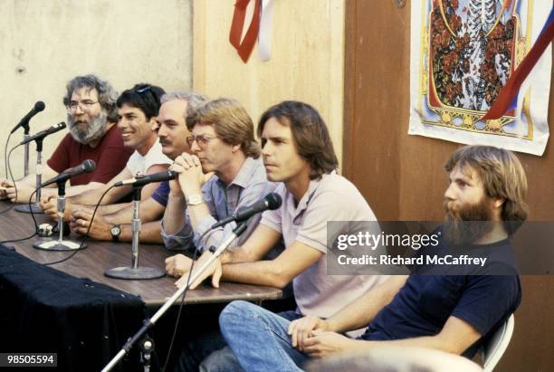 Jerry Garcia, Mickey Hart, Bill Kreutzmann, Phil Lesh, Bob Weir and Brent Mydland of the Grateful Dead speak live with the press at The Greek Theatre...