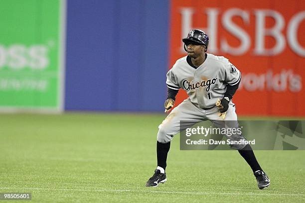 Juan Pierre of the Chicago White Sox leads off base against the Toronto Blue Jays during their MLB game at the Rogers Centre on April 12, 2010 in...