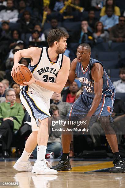 Marc Gasol of the Memphis Grizzlies looks to move the ball against Theo Ratliff of the Charlotte Bobcats during the game on February 26, 2010 at...