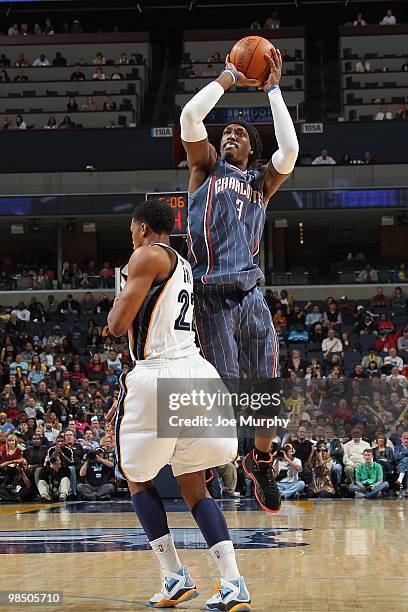 Gerald Wallace of the Charlotte Bobcats takes a jump shot against Rudy Gay of the Memphis Grizzlies during the game on February 26, 2010 at...