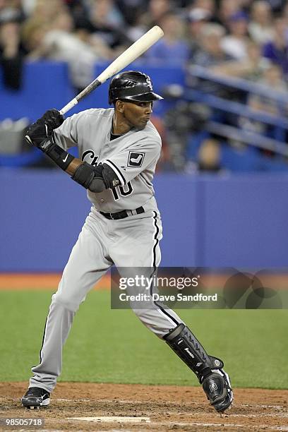 Alexei Ramirez of the Chicago White Sox stands at bat against the Toronto Blue Jays during their MLB game at the Rogers Centre on April 12, 2010 in...