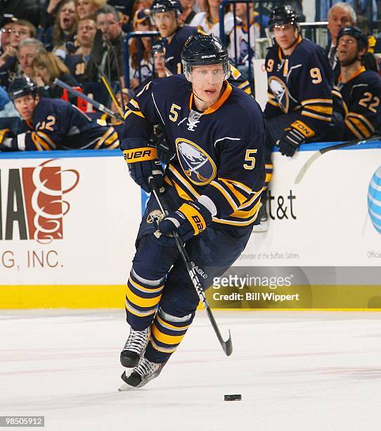 Toni Lydman of the Buffalo Sabres skates against the Boston Bruins in Game One of the Eastern Conference Quarterfinals during the 2010 NHL Stanley...