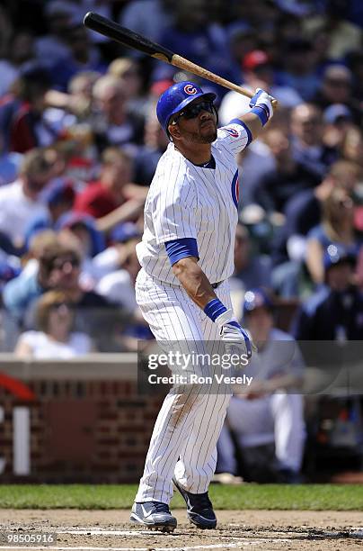 Aramis Ramirez of the Chicago Cubs bats against the Houston Astros on April 16, 2010 at Wrigley Field in Chicago, Illinois. The Cubs defeated the...