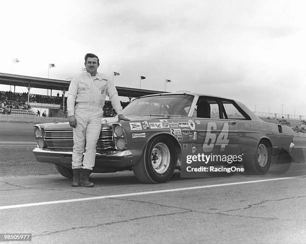 Elmo Langley with the 1966 Ford Galaxie he drove to a 25th-place finish in the Daytona 500 at Daytona International Speedway.