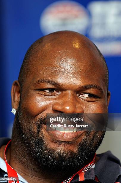 Dallas Cowboys guard Leonard Davis speaks during a press conference at Texas Motor Speedway on April 16, 2010 in Fort Worth, Texas.