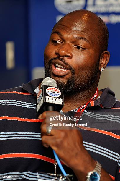 Dallas Cowboys guard Leonard Davis speaks during a press conference at Texas Motor Speedway on April 16, 2010 in Fort Worth, Texas.