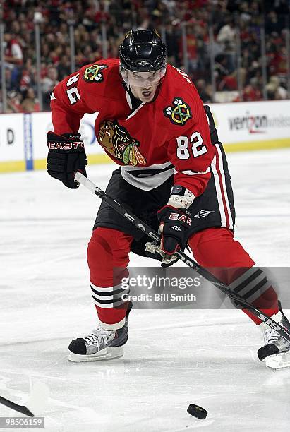 Tomas Kopecky of the Chicago Blackhawks watches the puck during a game against the Detroit Red Wings on April 11, 2010 at the United Center in...