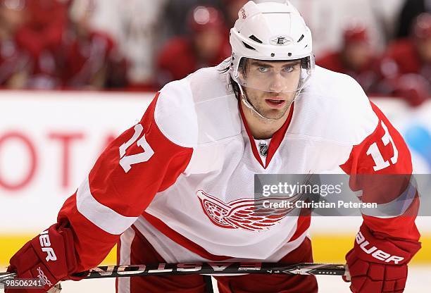 Patrick Eaves of the Detroit Red Wings awaits a face off against the Phoenix Coyotes in Game One of the Western Conference Quarterfinals during the...