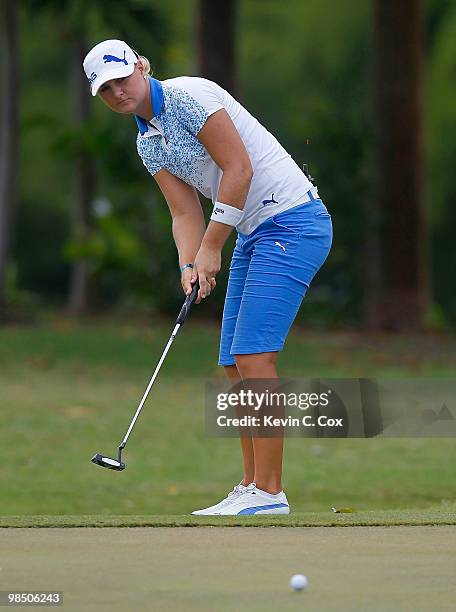 Anna Nordqvist of Sweden putts onto the third green during the final match of The Mojo 6 Jamaica LPGA Invitational at Cinnamon Hill Golf Course on...