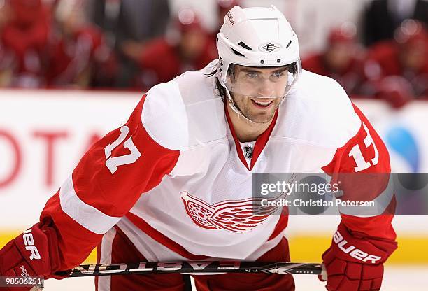 Patrick Eaves of the Detroit Red Wings awaits a face off against the Phoenix Coyotes in Game One of the Western Conference Quarterfinals during the...